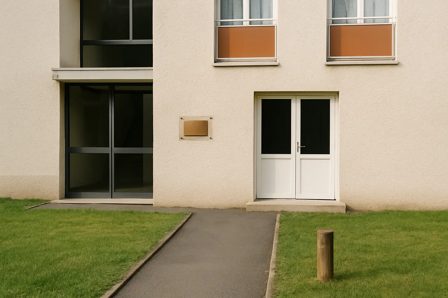 L'entrée de la résidence au crépi crème: l'allée entre deux pelouses, le hall vitré, la porte blanche et la plaque en laiton.