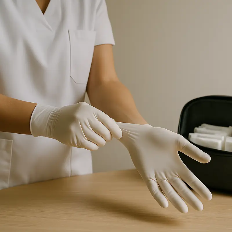 Des mains enfilent un gant blanc au-dessus d'une table en bois, la trousse ouverte à côté.