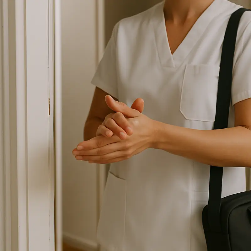 Une infirmière en tunique blanche se frotte les mains au gel, sa trousse à l'épaule, sur le pas d'une porte.
