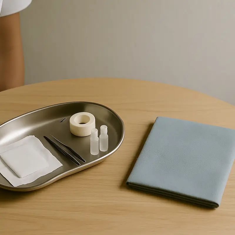 Un plateau en inox préparé sur une table ronde: compresses, sparadrap, petits flacons.