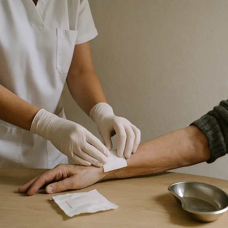 Des mains gantées posent une compresse sur l'avant-bras d'un patient, sur une table de cuisine.