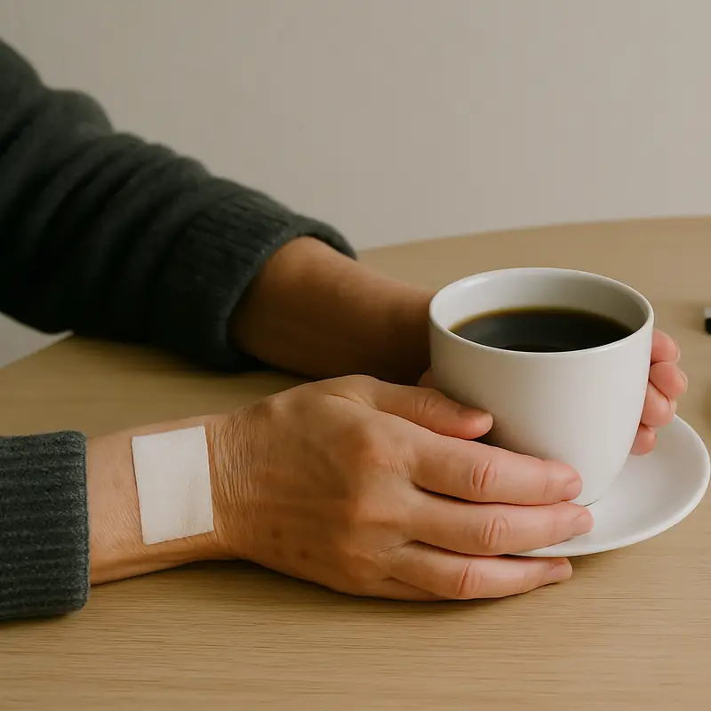 Une main tient une tasse de café sur une table en bois, un pansement neuf sur le poignet, des lunettes posées à côté.
